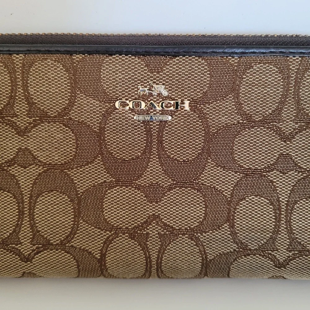 Coach Signature Canvas Accordion Zip Wallet Brown Tan Monogram Long Wallet
